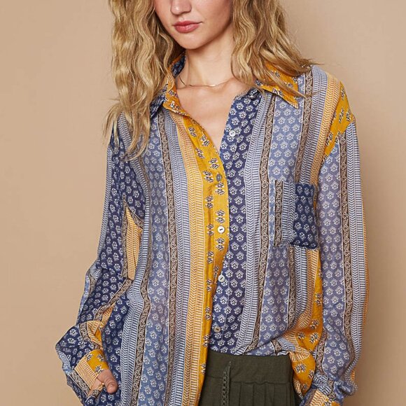 POL Mixed Print Button Down Shirt Multicolor Mustard & Blue - Picture 1 of 4